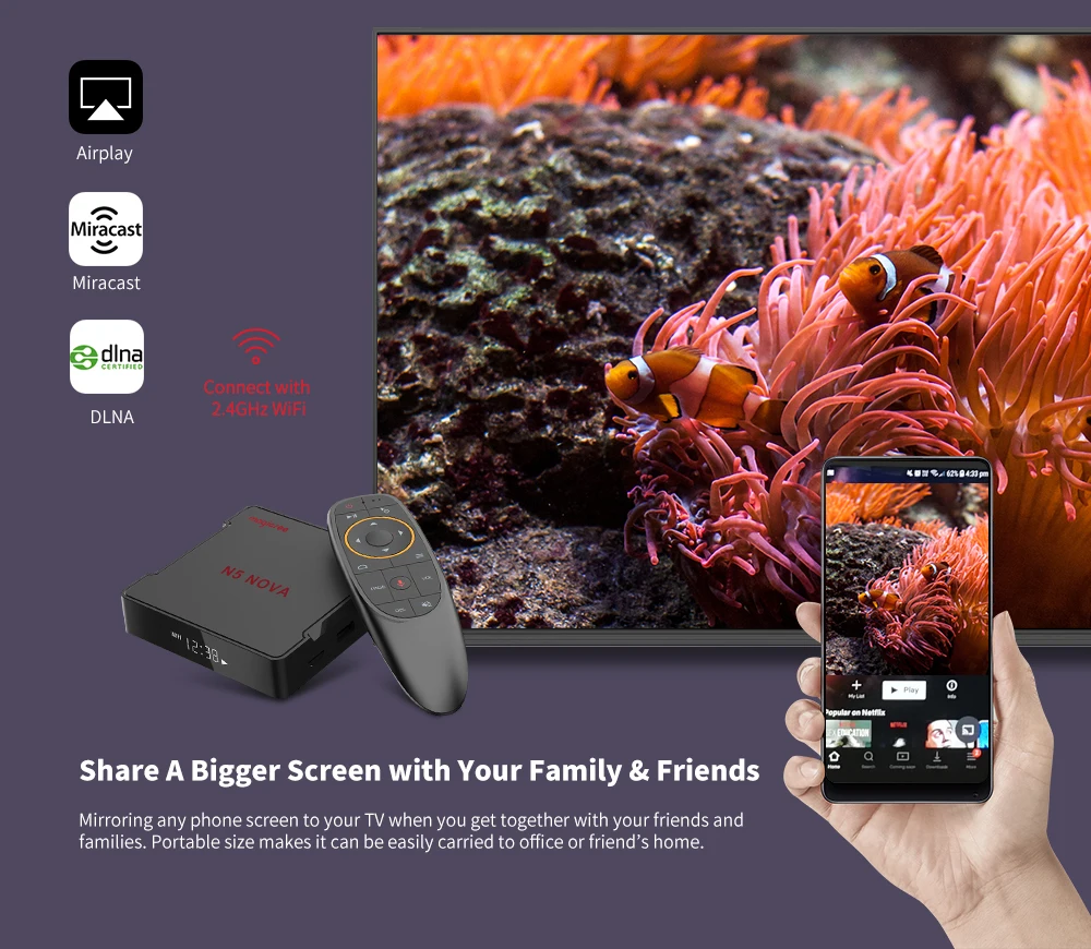 MAGICSEE N5 NOVA Android 9,0 ТВ приставка RK3318 4 Гб ОЗУ 64 Гб ПЗУ 2,4 ГГц+ 5 ГГц WiFi Голосовое управление смарт-приставка 4K Bluetooth USB3.0