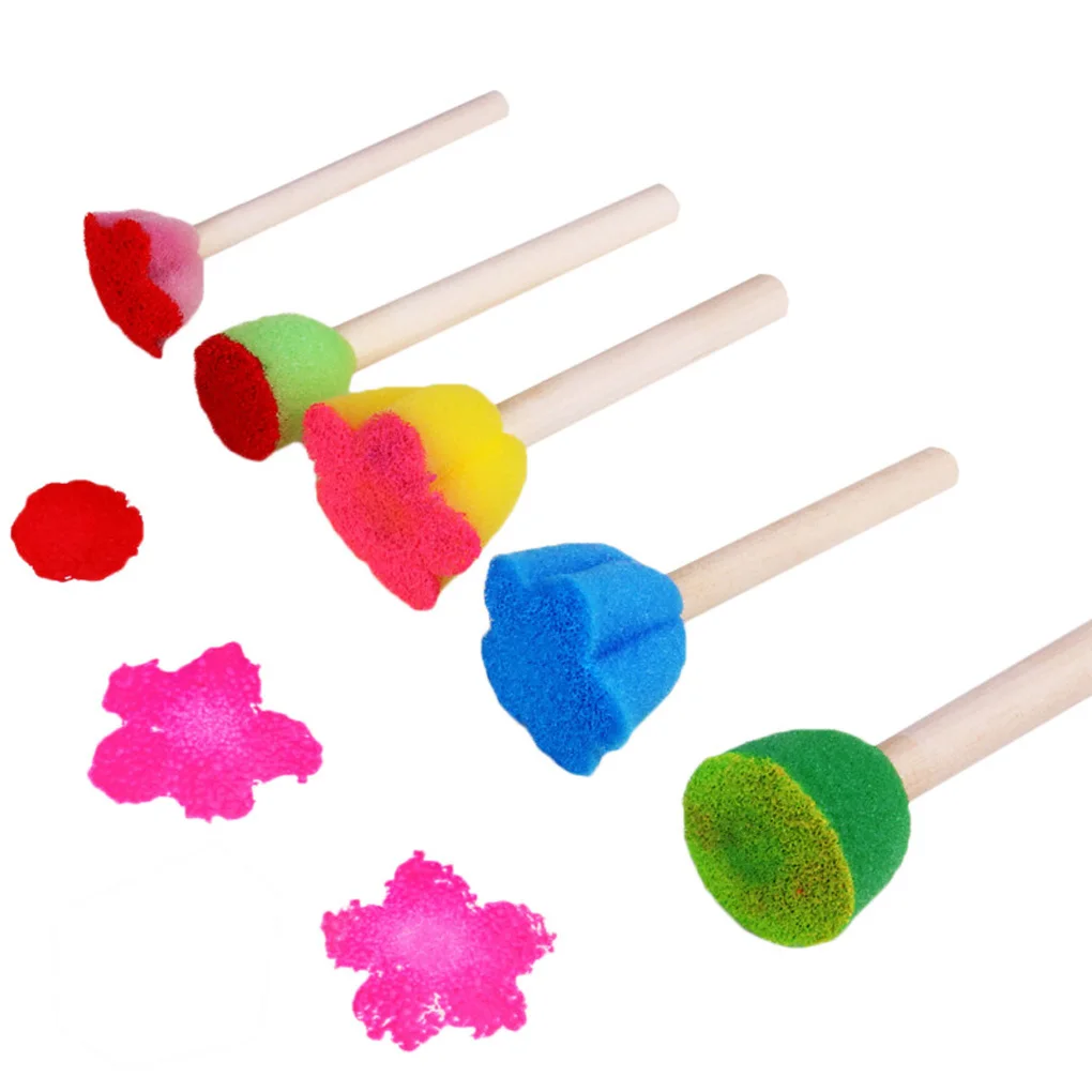 

2019 New 5pcs/lot Wooden DIY Painting Sponge Brush Toy Handle Baby Educational Drawing Graffiti Tools Toys for children