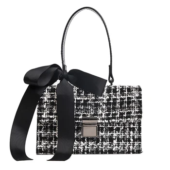 

QZUnique Women's Woolen Plaid Single Shoulder Bag Classic Grid Handbag With Scarf Girl's Clutch Purse