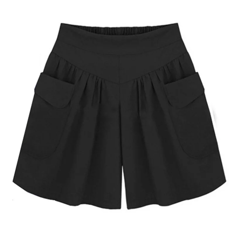 Black Shorts Шорты большого размера, летние однотонные свободные шорты с оборками и эластичной резинкой на талии, женские спортивные шорты больших размеров - Color: Black Shorts