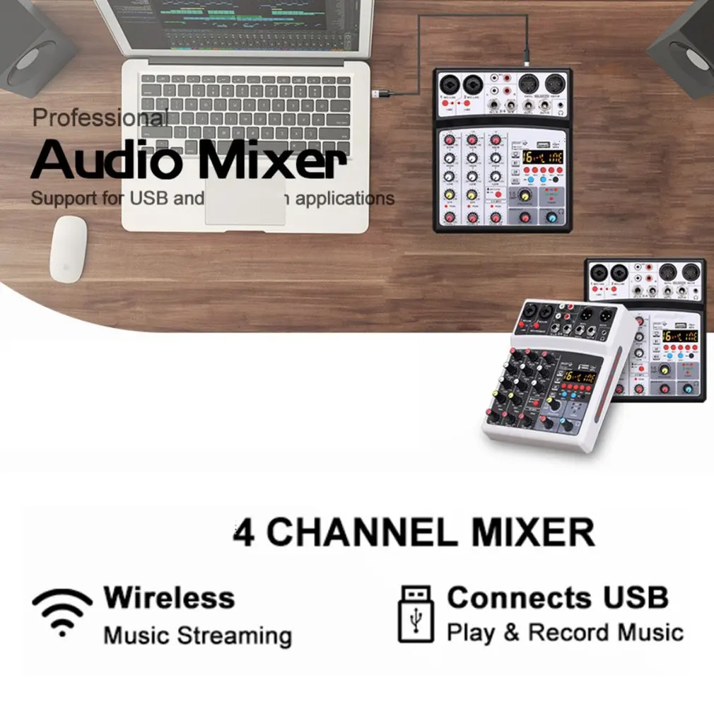 Protable Mini Mixer Audio DJ Console 4-channel with Sound Card, USB, 48V Phantom Power for PC Recording Singing Webcast Party
