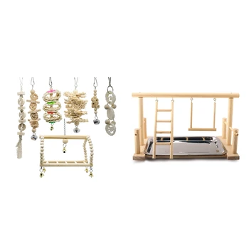 

1 Pcs Wood Play Stand and Stainless Steel Tray Pet Bird Frame Station Parrots Toys & 7 Pcs Bird Parrot Swing Chewing Toys- Natur