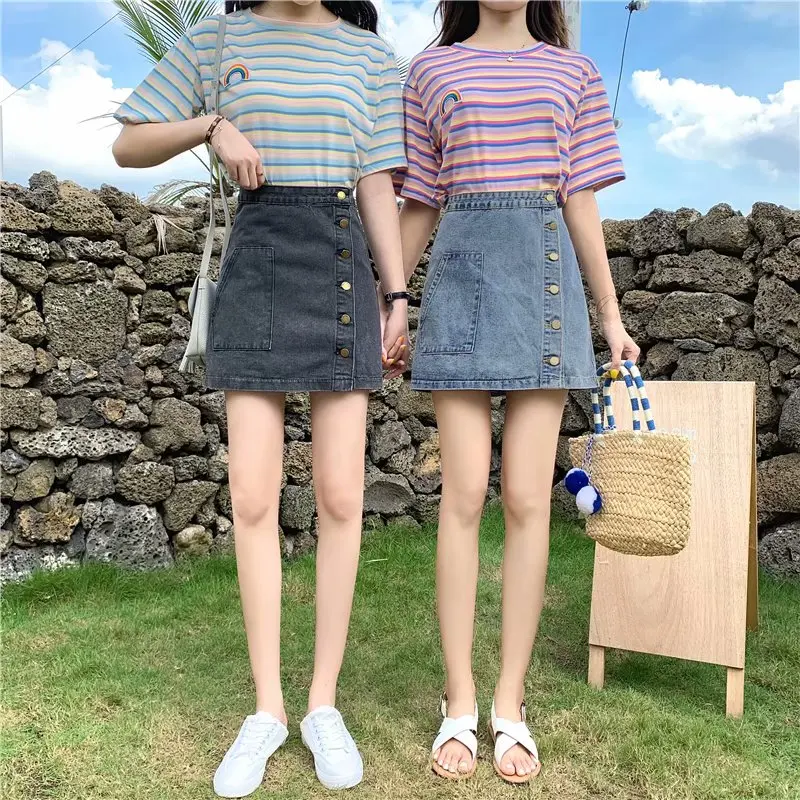 

ins super fire denim skirt summer new large size fat mm breasted high waist was thin was tall half body A-line skirt