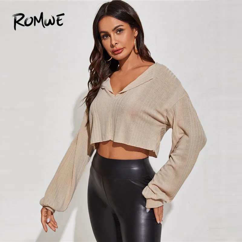 

ROMWE Notched V Neck Long Sleeve Crop Top Solid Streetwear T Shirt Women Drop Shoulder Rib-Knit Black Shirt 2020 Casual Tops