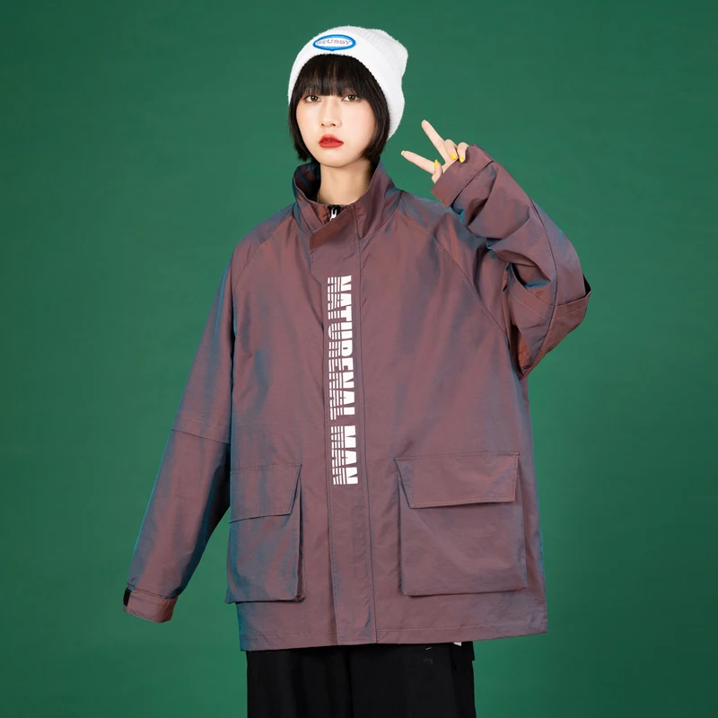 

Letter Printed Jackets and Coats for Womens Colorful Reflective Clothes Original Loose Fit Hip Hop Streetwear Ladies Zipper Tops