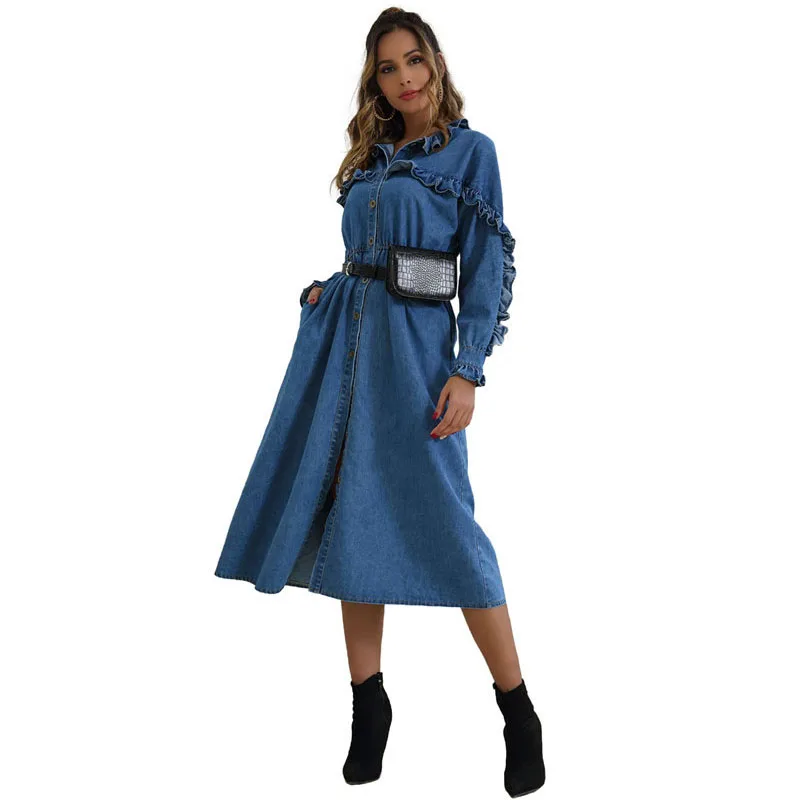 

Women Autumn Winter Long Denim Dress Elegant Long Sleeve Lapel Ruffles Jeans Dress Female Office Lady Midi Shirt Dresses