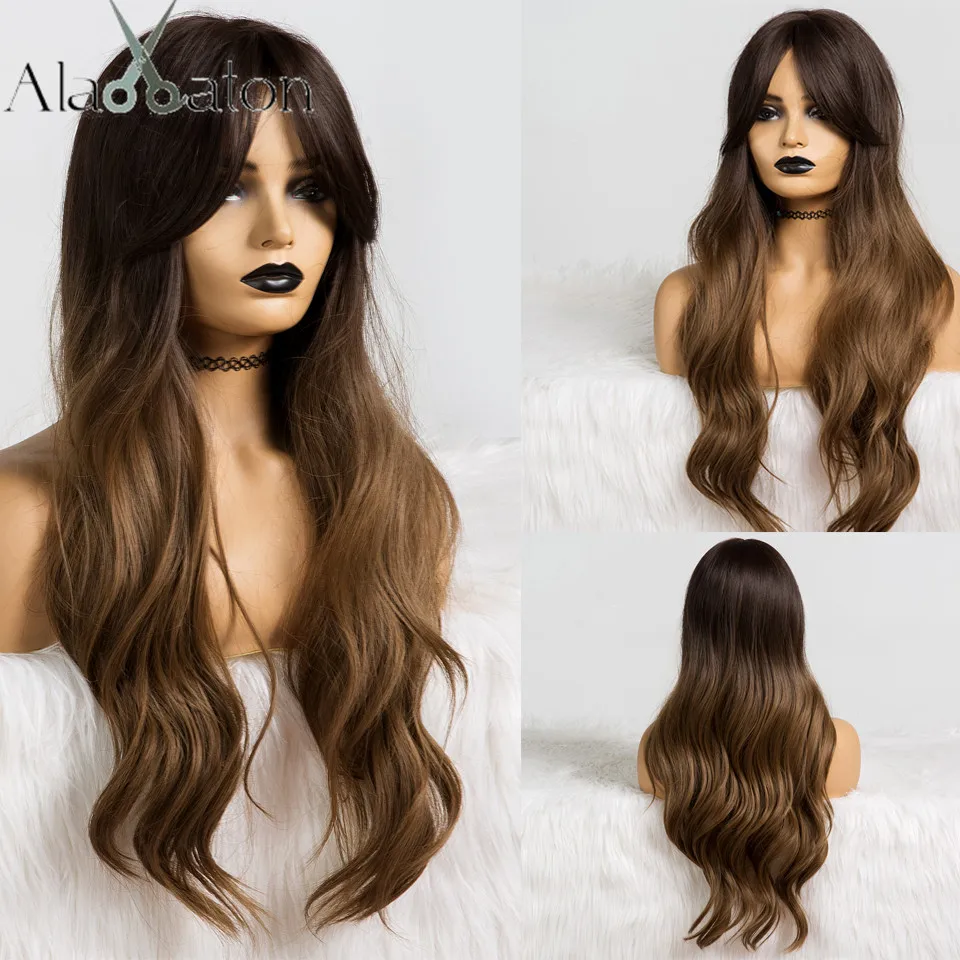 ALAN EATON Long Ombre Light Ash Brown Blonde Wavy Wig Cosplay Party Daily Synthetic Wig for Women High Density Temperature Fibre