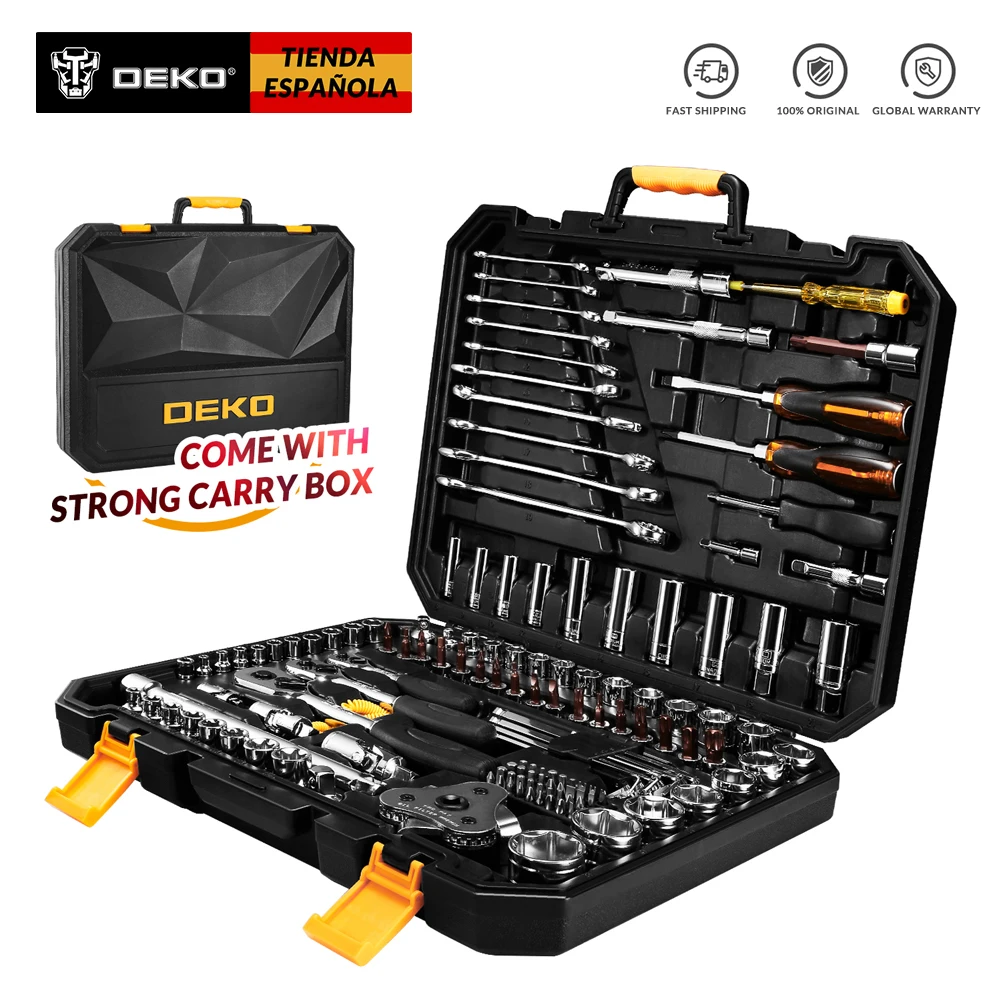 DEKO 140 Pcs Professional Car Repair Tool Set Auto Ratchet Spanner Screwdriver Socket Mechanics Tools Set W/ Blow-Molding Box