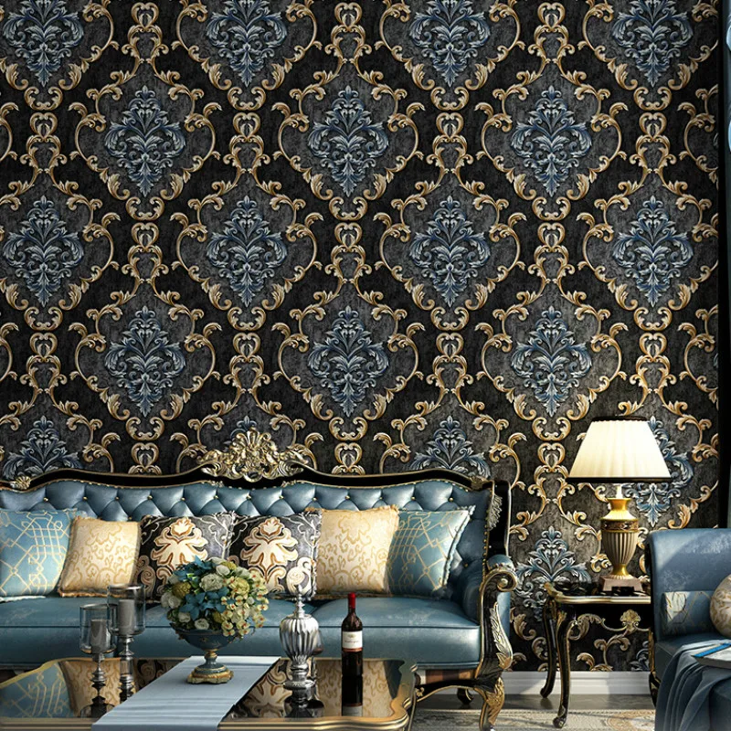 

Non-woven Luxury 3D Stereo Wallpaper Vintage Embossed Black Gray Beige Green Wall Paper Living Room Bedroom Wall