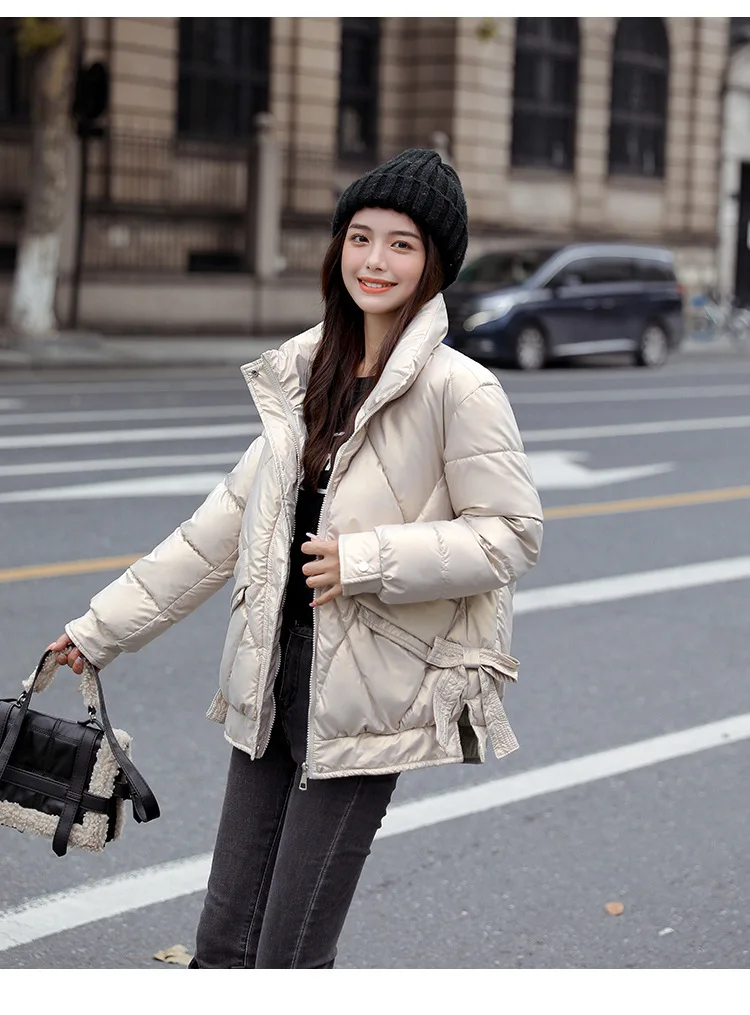 

Повседневные зимние парки, новинка 2021, глянцевая хлопковая куртка, женские пальто с воротником-стойкой, корейские модные короткие куртки для женщин Y309