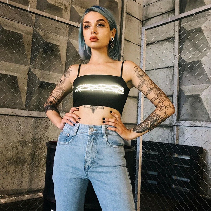 

Summer Women Sexy Reflective Crop Top Letter Printed Sleeveless Ladies Gothic Tee Tops Vest Camis Crop Top