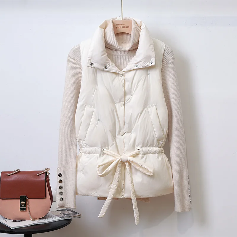 

Winter Vest Women White Duck Down Padded Waistcoat Lady Stand Collar Slim Waist Sleeveless Puffer Jackets Outerwear Woman VT-271