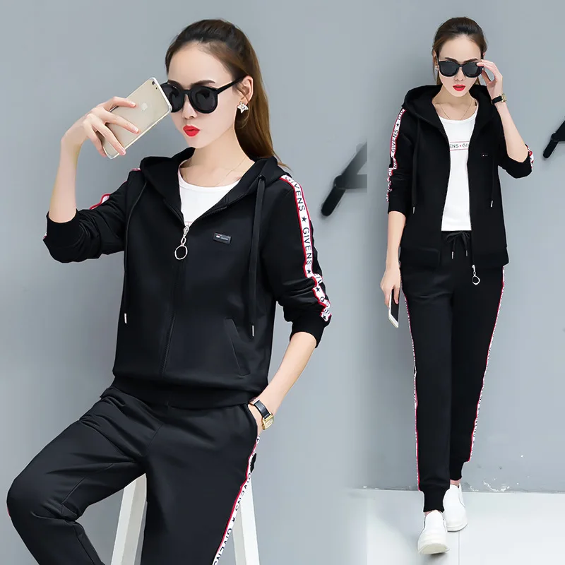 

3pcs Women Sport Suit Sportswear Autumn Leisure Jogger Running Workout Outfit Set Letter Stripe Printed Jacket Shirt+hoodie+pant