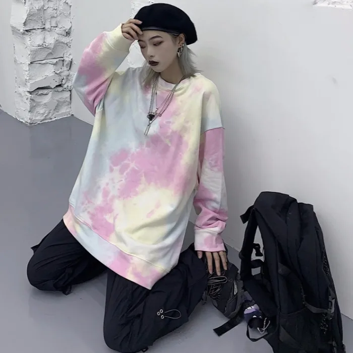

Tie Dye Graffiti Pink Oversize Loosed Casual Thin Sweatshirt Korean Harajuku Women Man Pullover Hoodies Fashion Clothing Top Tee