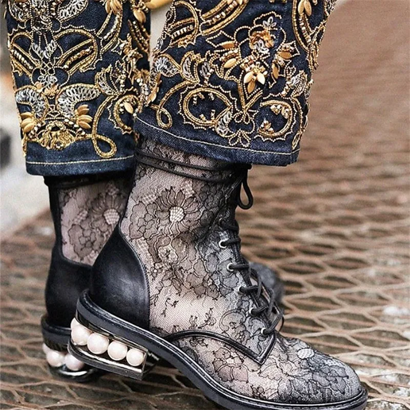 

2019 Runway Autumn Mesh Lace Up Women's Boots Designer Lady Pearl Heel Ankle Boots Shoes Round Toe Cross-tied Boots For Woman