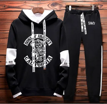 

SOA Sons of anarchy the child Skull Printed Hoodies Men Casual Hoodies+Pants 2Pcs Sporting suit Fleece Warm Thick sportwear H