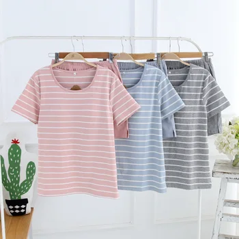 

Pure Cotton Stripe with Chest Pad Sleepwear Woman Pijama Set Summer Uyku Tops Female Short Sleeve Shorts Casual Sports Suit