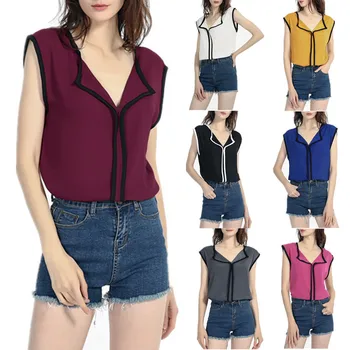 

Blouse 2019Top New Women's Short Sleeve V-Neck Casual Solid Fresh Sweet Chiffon Shirt short sleeve Simple For Women Clothes Top