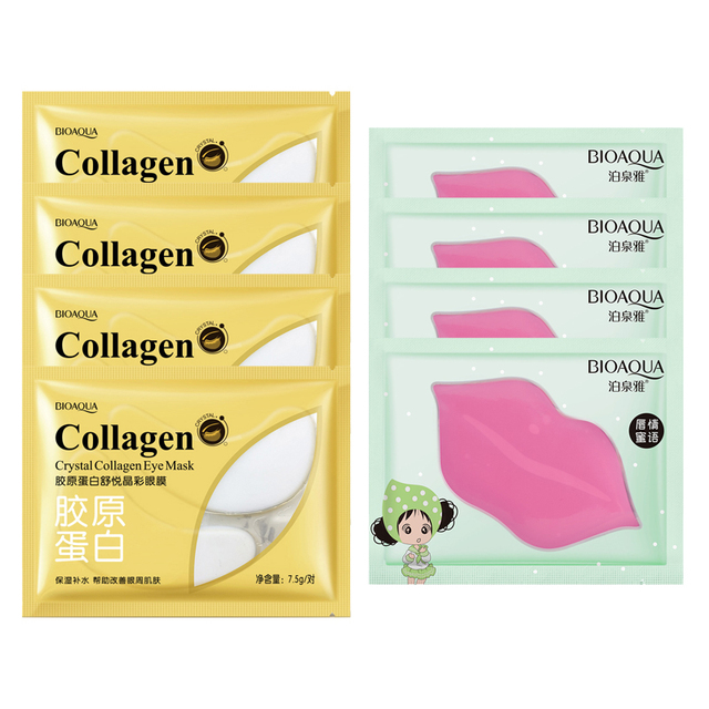 Eye Mask Combination 4pcs Moisturing Nourishing Lips Mask 4Pairs Collagen Anti-Aging Wrinkle Dark Circles Eye Patch Skincare