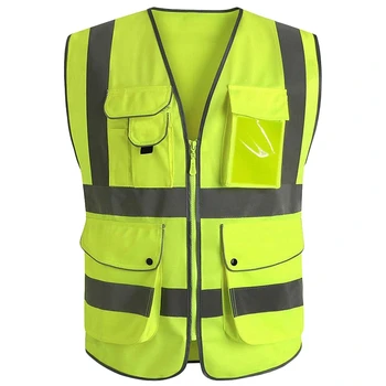 

Class 2 Yellow Reflective Vest With 9 Pockets And Front Zipper High Visibility Safet Y Vests(M)