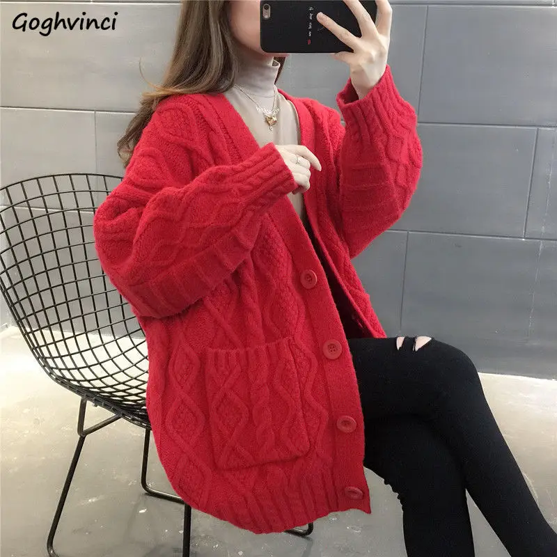 

Cardigan Women Long Warm Solid Six Colors Single Breasted Pockets Comfortable Fashion Korean Style Casual All-match Simple Chic