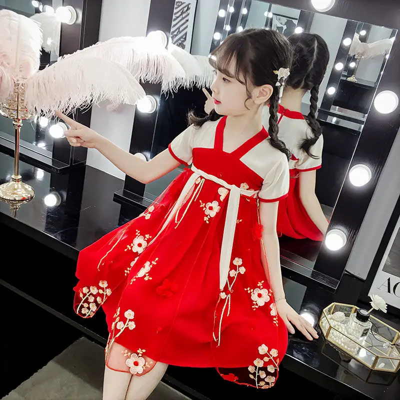 Платье для девочек модная детская летняя одежда Платья принцессы с короткими рукавами для девочек 110-150 размера плюс красные цветы