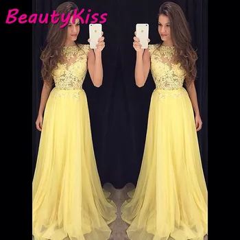 

Yellow Lace Appliques Prom Dress 2020 Custom Made Chiffon Cheap Prom Dresses Sheer A-line Evening Dress Vestido De Festa