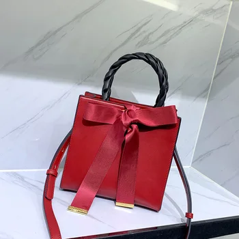 

Women Fashion PU Handbag Red Ribbon Shoulder Bag OL Crossbody Bag Handbag for Bride&Girls Daily