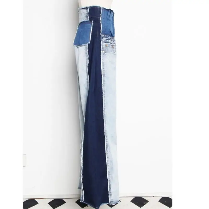 New Women Street Style Fashion Loose Jeans Pocket Patchwork Denim Wide Leg Pants Pockets High Waist Female Jean Trousers