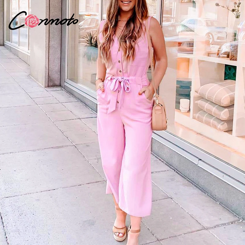 Conmoto sleevless summer 2020 solid pink jumpsuits rompers women pockets beach jumpsuits button sash casual plus size jumpsuit Conmoto sleevless summer 2020 solid pink jumpsuits rompers women pockets beach jumpsuits button sash casual plus size jumpsuit