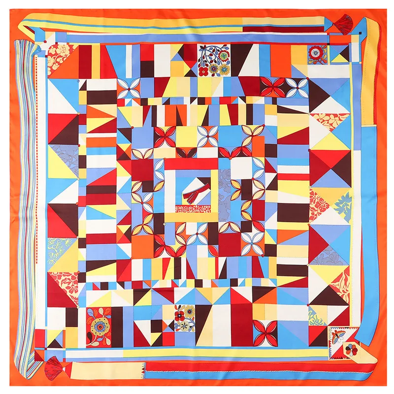POBING Silk Scarf Women Large Shawls Geometric Stoles Square Bandana Luxury Kerchief Hijab Scarf Female Foulards 130CM 3