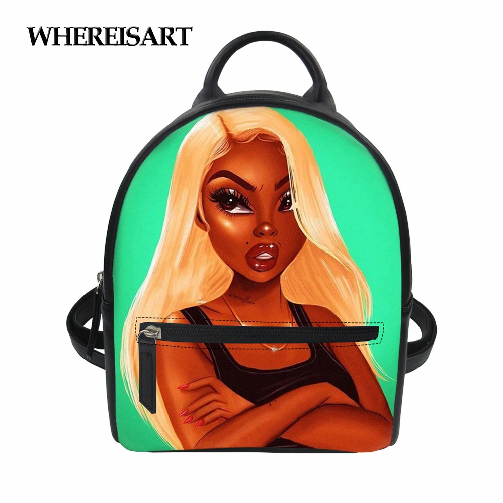 

WHEREISART Girls School Bags Black Grils Afro Women Pattern Female Casual Shoulder Bags Mini Leather Backapck Mochila Feminina