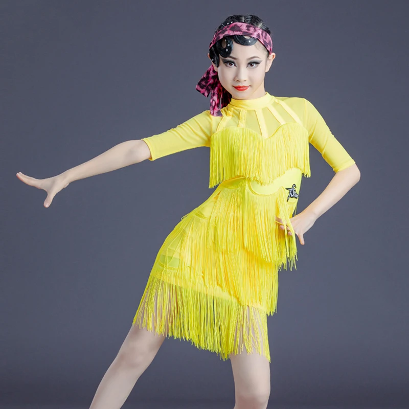 

Yellow Latin Dance Dress Girls Latin Fringed Dresses Kids Salsa Chacha Samba Tango Ballroom Dance Competition Clothes SL4671