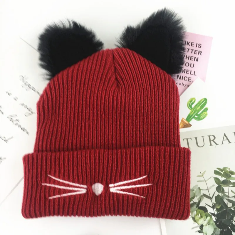 Корейский стиль, плюшевые женские вязаные шапки с кошачьими ушками, модные шапки с вышивкой в виде кота, зимняя шапка