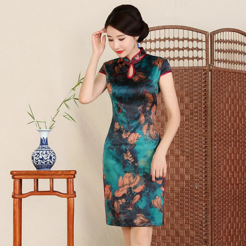 Borghese стиль имитация шелковой ткани шелк Cheongsam средней длины Улучшенная Мода Ретро Cheongsam 2755