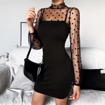 

Dot Patchwork Long Sleeves Above Knee Mini Summer Dress Women Sexy Black Perspective Mesh Sleeves Elegant Formal Ladies Dress