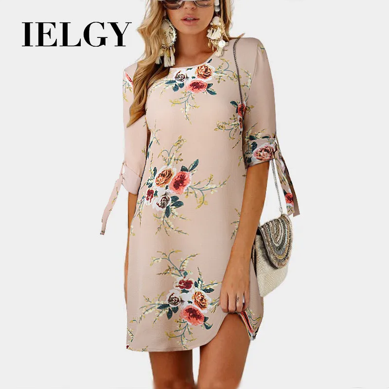 IELGY, кружевное платье, женская мода, с принтом, круглый вырез, шифон, Пятиточечные рукава, несколько цветов