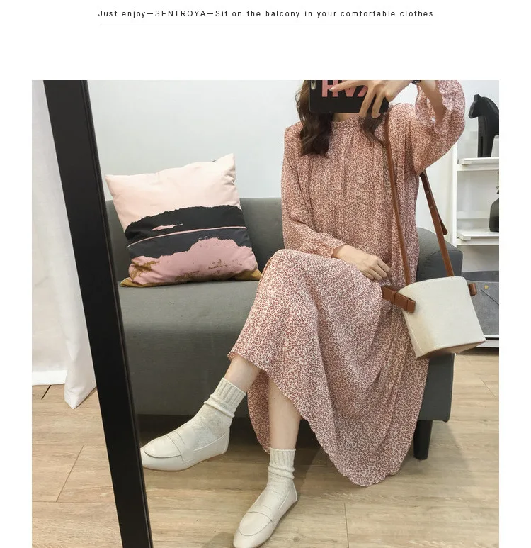 Loose-Fit Stand Collar Floral-Print Chiffon Long-sleeved Dress Autumn And Winter Women's Large Size Slimming Medium-length A- li