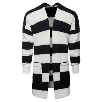 

2019 Autumn and Winter Cadigan Men's Collaged Cardigan Jackets Men's Middle Long Black and White Striped Knitted Sweater Jackets