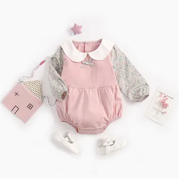 

Newborn Cotton baby girl clothes Long-Sleeve Pink+White+floral Stitching Jumpsuit Outfit Sunsuit Children's Clothes Toddler