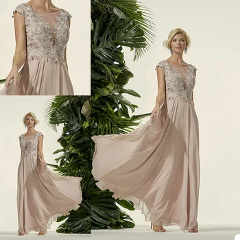 

Vintage Mother of the Bride Dresses Outfit Sheer O Neck Short Sleeve Appliques Mother's Gowns Plus Size Guest Chiffon Dress