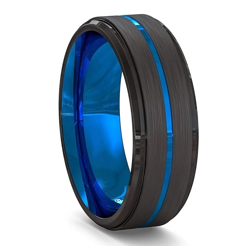 Men Fashion Ring 8MM Black Brushed Ladder Edge Stainless Steel Blue Groove Transparent Wedding Gifts