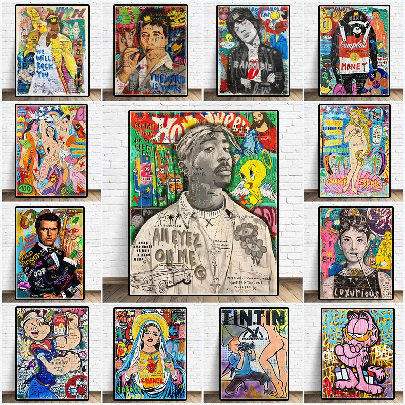 Graffiti Pop Art Poster Singer Tupac Hip Hop Portrait Canvas Painting Print Rapper Wall Picture Cuadros Living Room Home Decor | Дом и сад