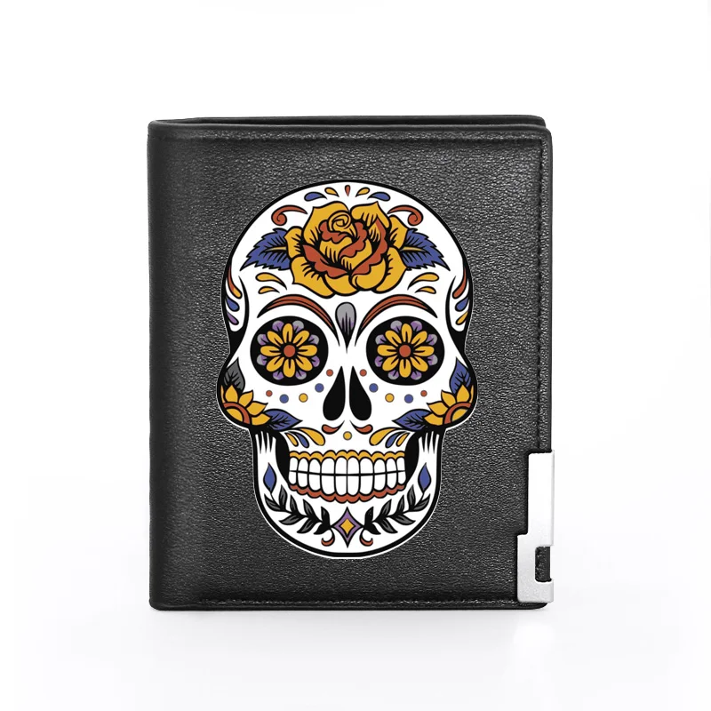 High Quality Fire Skull Cover Men Women Leather Wallet Billfold Slim Credit Card/ID Holders Inserts Male Short Purses 