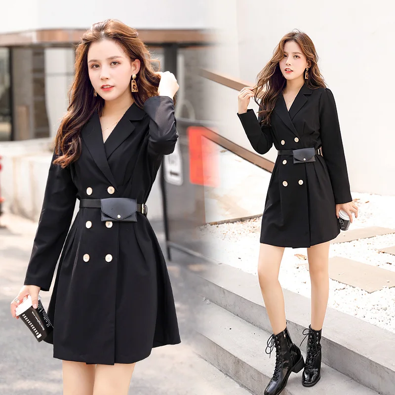 

Ozhouzhan 2019 Autumn Clothing New Style Elegant Sexy Suit Collar Double Breasted Waist Hugging Slimming Suit Skirt Dress Fashio