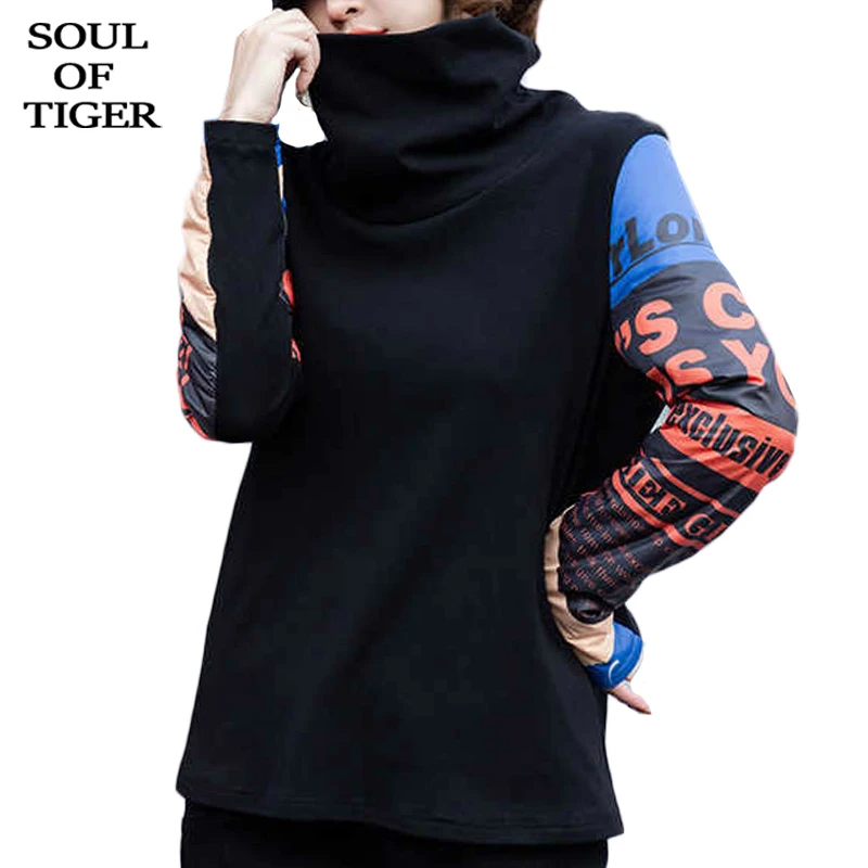 SOUL OF TIGER, зимние корейские модные женские топы, уличная одежда, женские лоскутные Футболки с принтом, Повседневная водолазка, одежда размера плюс