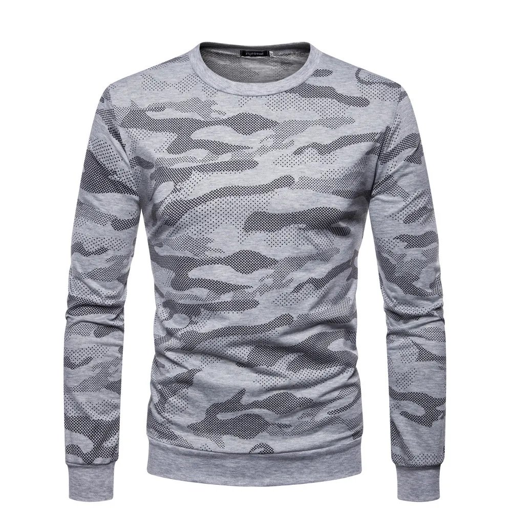 

2019 Newest Men's Tops Grey Color Men's Round-neck Camouflage Printing Men's Long-sleeved Thin Guard Shirt Bottom Shirt