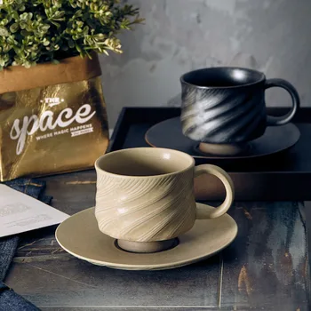 

175ml Japanese Retro Stoneware Coffee Cup and Saucer Set English Afternoon Tea Black Tea Cup Minimalist Home Ceramic Couple Mug