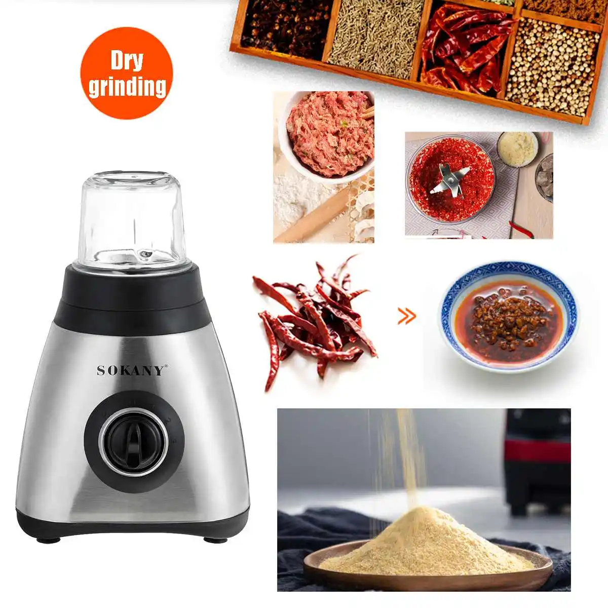 SOKANY 1500ML 2 In 1 High Power Household Blender Mixer Meat Vegetables Fruits Grinder Food Juice Processor Glass Jar