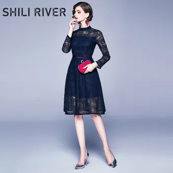 

2020 spring autumn runway designer party dress for women long sleeve slim casual lace elegant charming a-line dresses blue red
